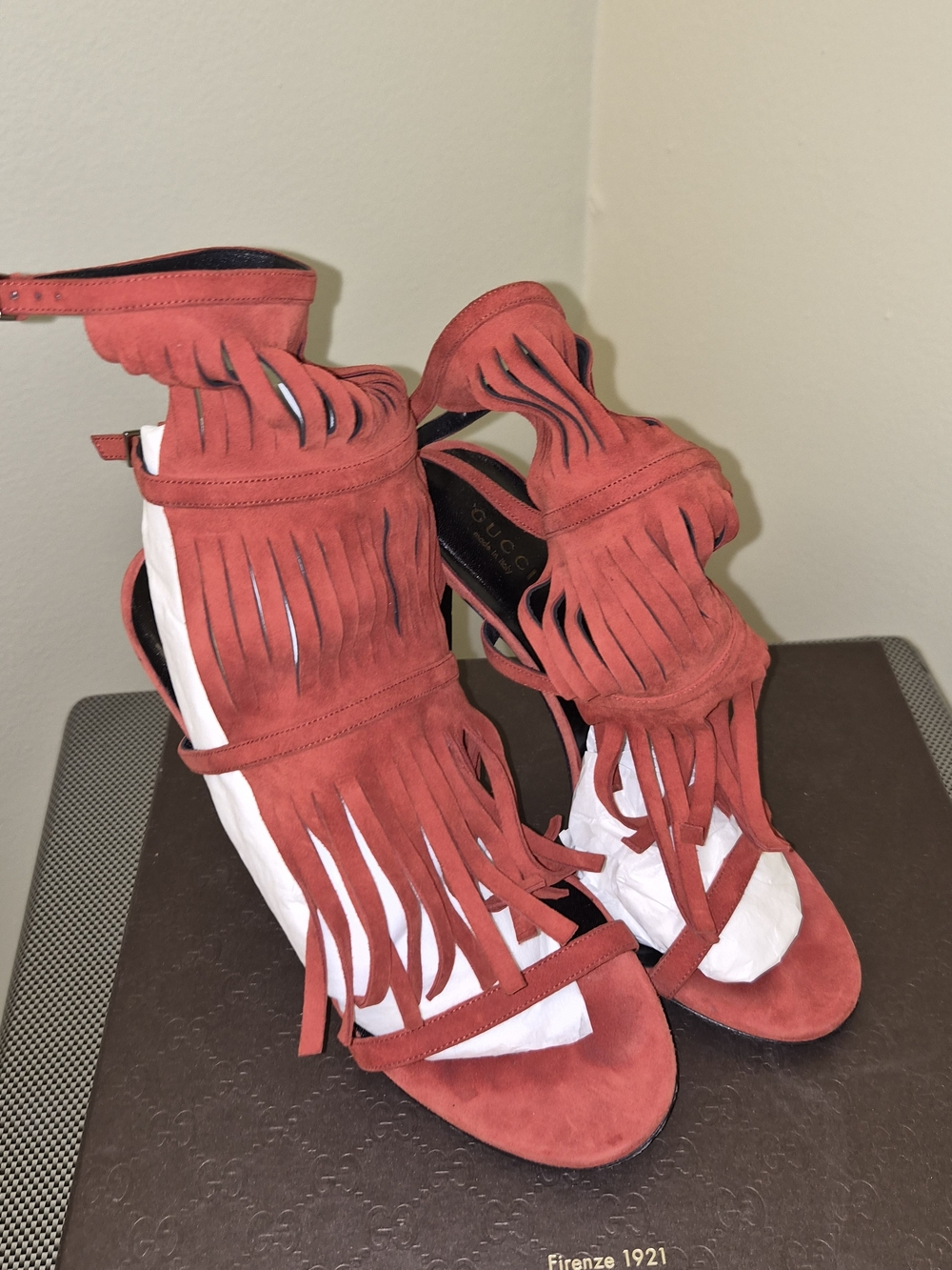 Gucci Red Suede Fringe Ankle Strap Heels